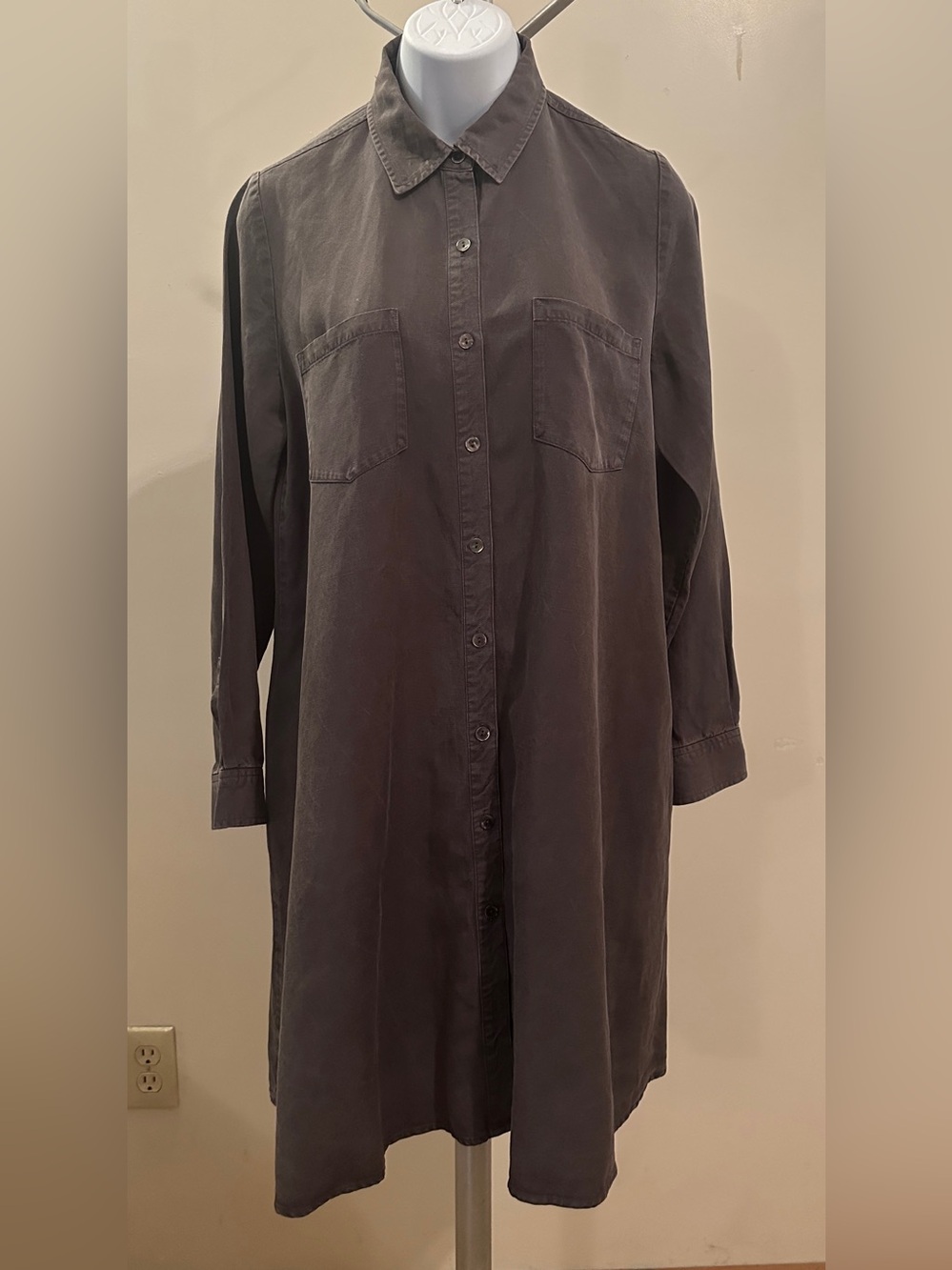 Eileen Fisher Long Button-Down Shirt Dress in Charcoal Gray